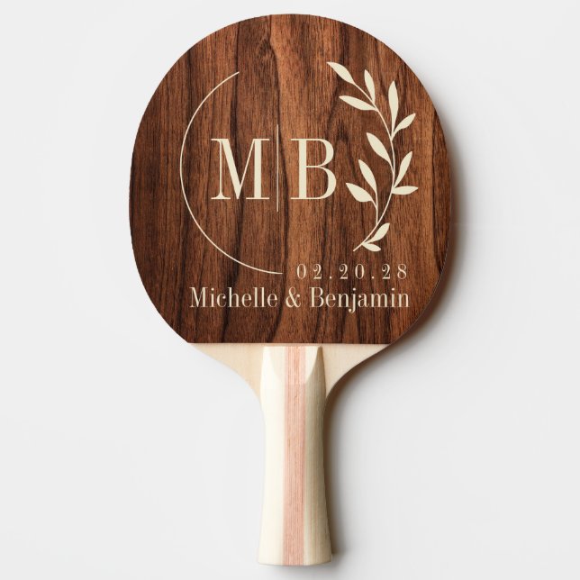 Antique Cherry Wood Leaf Wedding Monogram Pingisracket (Baksidan)