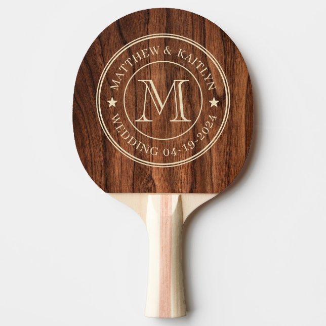 Antique Cherry Wood Wedding Monogram Star Pingisracket (Framsidan)
