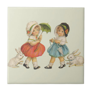 Antique Children Rabbit Påsk Art Kakelplatta