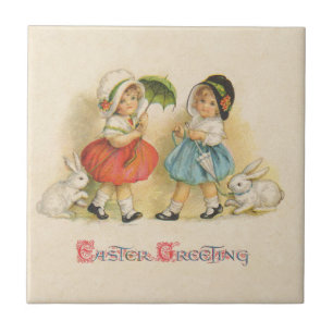 Antique Children Rabbit Påsk Art Kakelplatta