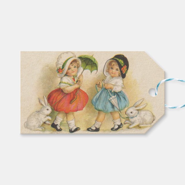 Antique Children Rabbit Påsk Art Presentetikett (Framsidan (Horisontell))