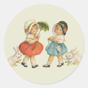 Antique Children Rabbit Påsk Art Runt Klistermärke
