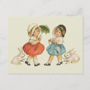 Antique Children Rabbit Påsk Art Vykort