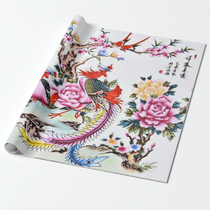 Antique Chinese Blommigt Birds Chinoiserie Decoupa Presentpapper