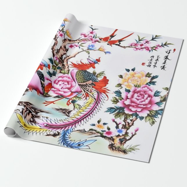 Antique Chinese Blommigt Birds Chinoiserie Decoupa Presentpapper (Utrullad)