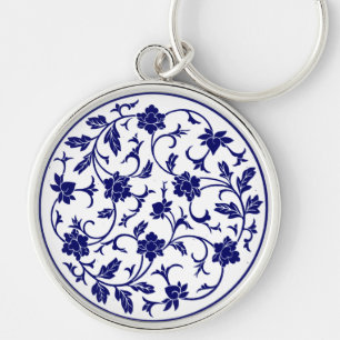 Antique Chinese Blue & White Mandala Rund Silverfärgad Nyckelring