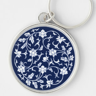 Antique Chinese Blue & White Mandala Rund Silverfärgad Nyckelring