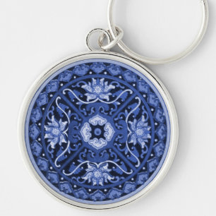 Antique Chinese Blue & White Mandala Rund Silverfärgad Nyckelring