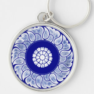 Antique Chinese Blue & White Mandala Rund Silverfärgad Nyckelring