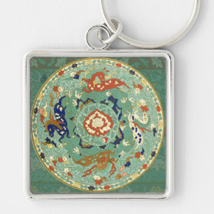 Antique Chinese Circle Blue-Grönt Fyrkantig Silverfärgad Nyckelring