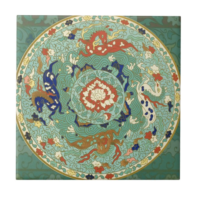 Antique Chinese Circle Blue-Grönt Kakelplatta (Framsidan)