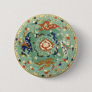 Antique Chinese Circle Blue-Grönt Knapp