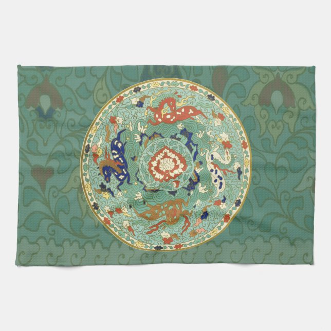 Antique Chinese Circle Blue-Grönt Kökshandduk (Horisontell)