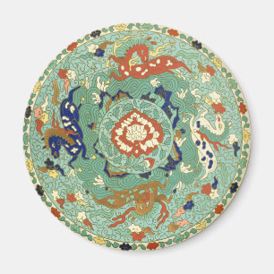 Antique Chinese Circle Blue-Grönt Magnet