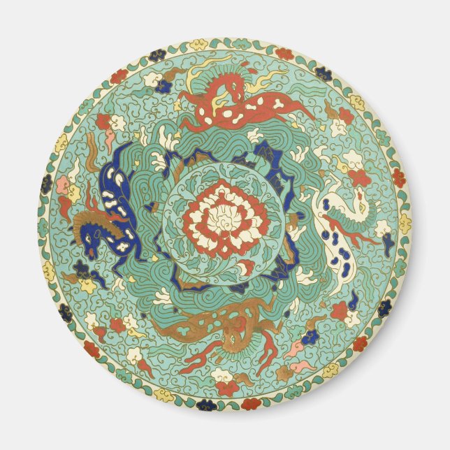 Antique Chinese Circle Blue-Grönt Magnet (Framsidan)