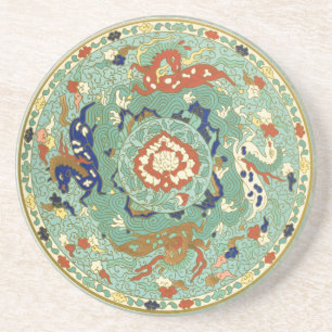 Antique Chinese Circle Blue-Grönt Underlägg Sandsten