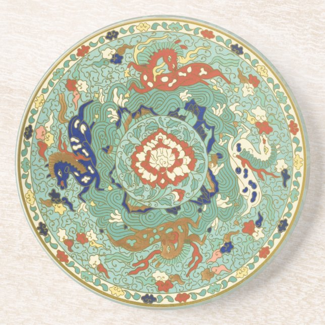 Antique Chinese Circle Blue-Grönt Underlägg Sandsten (Framsidan)