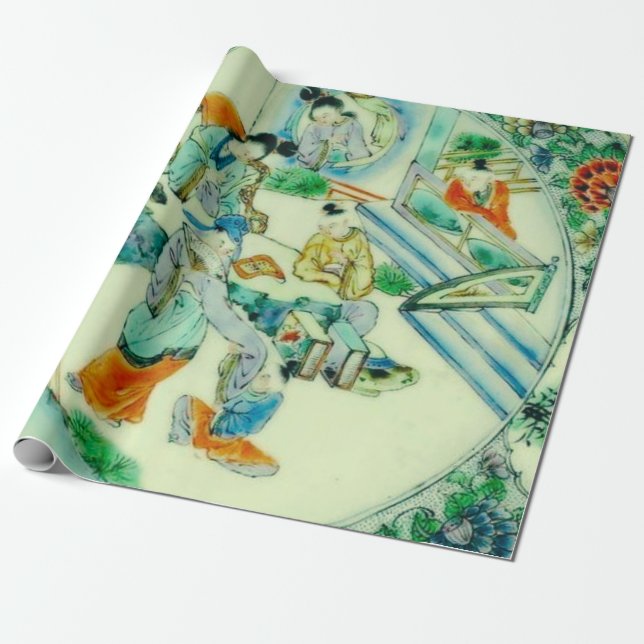 Antique Chinese Grönt Chinoiserie Blommigt Decoupa Presentpapper (Utrullad)