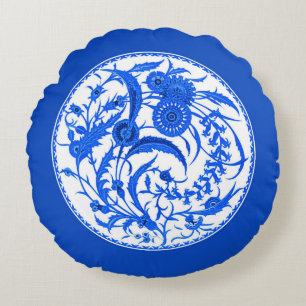 Antique Chinese Jacobean Blommigt - Cobalt Blue Rund Kudde