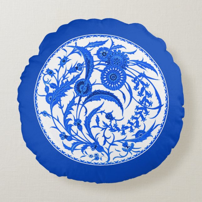 Antique Chinese Jacobean Blommigt - Cobalt Blue Rund Kudde (Framsidan)
