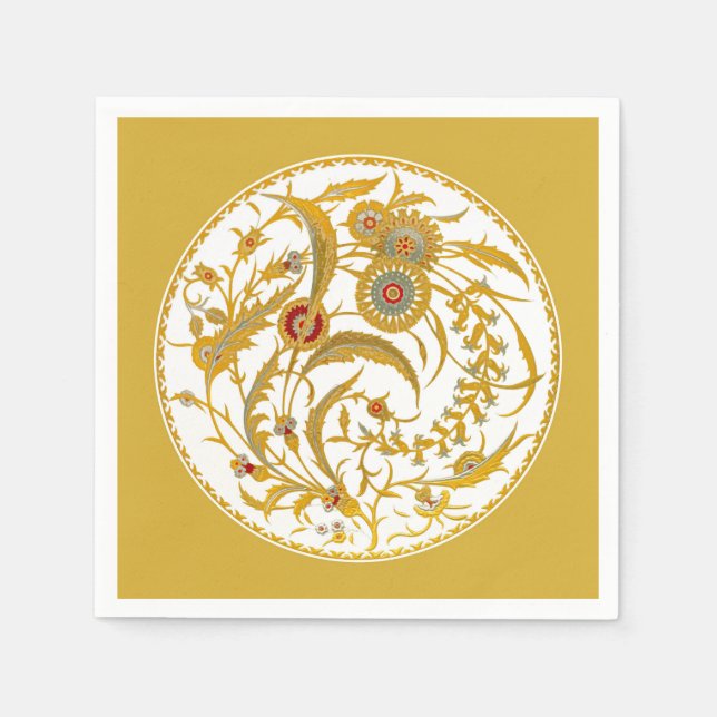 Antique Chinese Jacobean Blommigt - Mustard Guld Pappersservett (Framsidan)