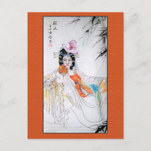 Antique Chinese Painting Dam med Fläkt i Orange Vykort