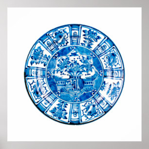 Antique Chinese Plate, Blue Flower Vas Poster