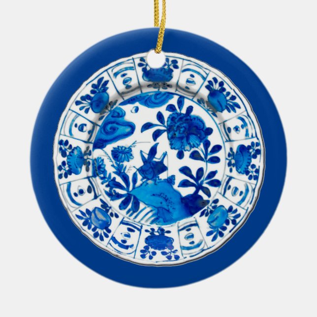 Antique Chinese Porcelain Plate, Blue Flower Vas Julgransprydnad Keramik (Framsidan)