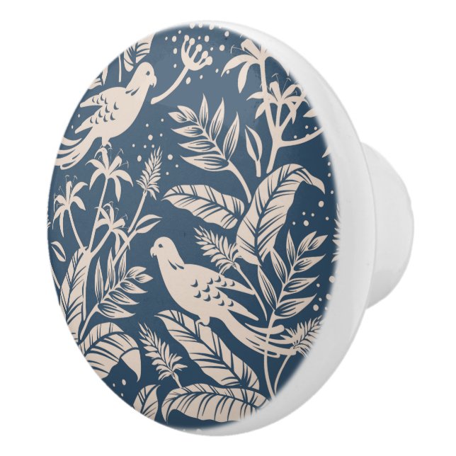 Antique Chinoiserie Bird Blommigt Blue & Ivory Knopp (Höger)