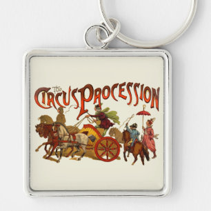 Antique Circus Parad Clowns Horses Fyrkantig Silverfärgad Nyckelring