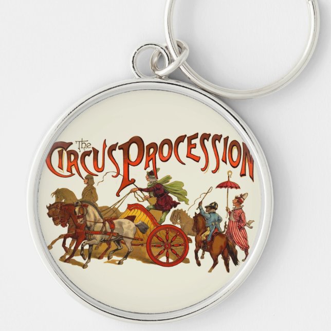 Antique Circus Parad Clowns Horses Rund Silverfärgad Nyckelring (Framsidan)