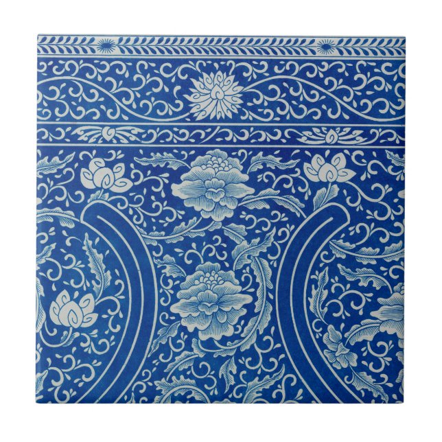 Antique Classic Chinese Blommigt Cobalt Blue Mönst Kakelplatta (Framsidan)