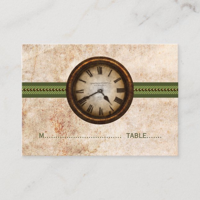 Antique Clock Place Card, Grönt Placeringskort (Framsida)