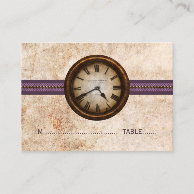 Antique Clock Place Card, Lila Placeringskort (Framsida)