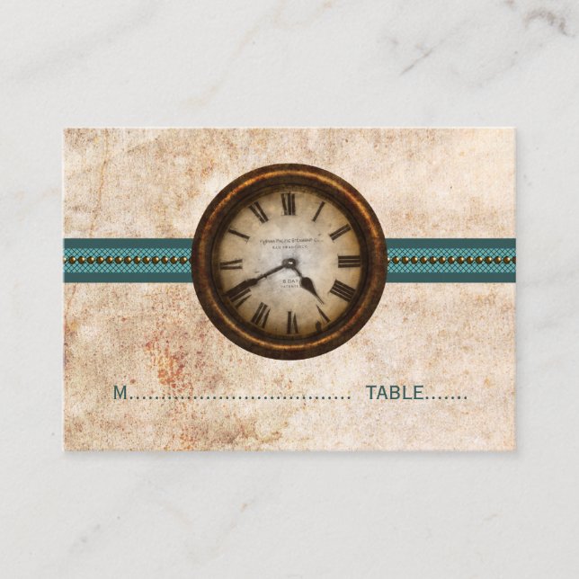Antique Clock Place Card, Teal Placeringskort (Framsida)