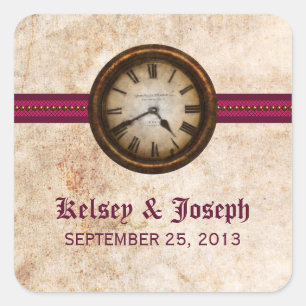 Antique Clock Wedding Stickers, Fuchsia Fyrkantigt Klistermärke