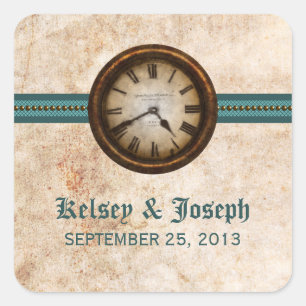 Antique Clock Wedding Stickers, Teal Fyrkantigt Klistermärke