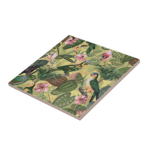 Antique Colorful Parrots Tropical Jungle Mönster Kakelplatta