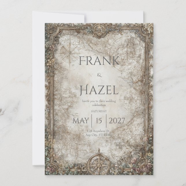 Antique Compass Enchanted Forest Bröllop Inbjudningar (Framsida)