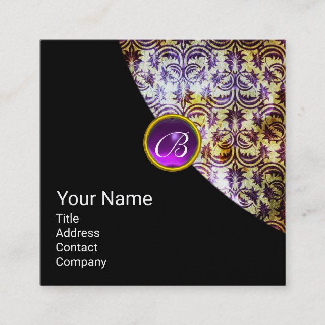 ANTIQUE DAMASK LILA GEM MONOGRAM Black Pearl Fyrkantigt Visitkort (Framsida)