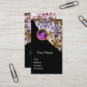 ANTIQUE DAMASK LILA GEMSTONE MONOGRAM Black Visitkort