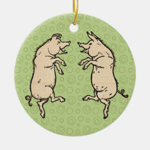 Antique Dancing Grisar: Whimsical Vintage Piggy Ji Julgransprydnad Keramik