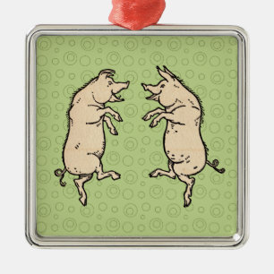 Antique Dancing Grisar: Whimsical Vintage Piggy Ji Julgransprydnad Metall