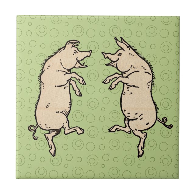 Antique Dancing Grisar: Whimsical Vintage Piggy Ji Kakelplatta (Framsidan)