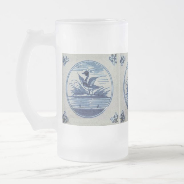 Antique Delft Blue Tile - Anka i Vatten Frostat Ölglas (Vänster)