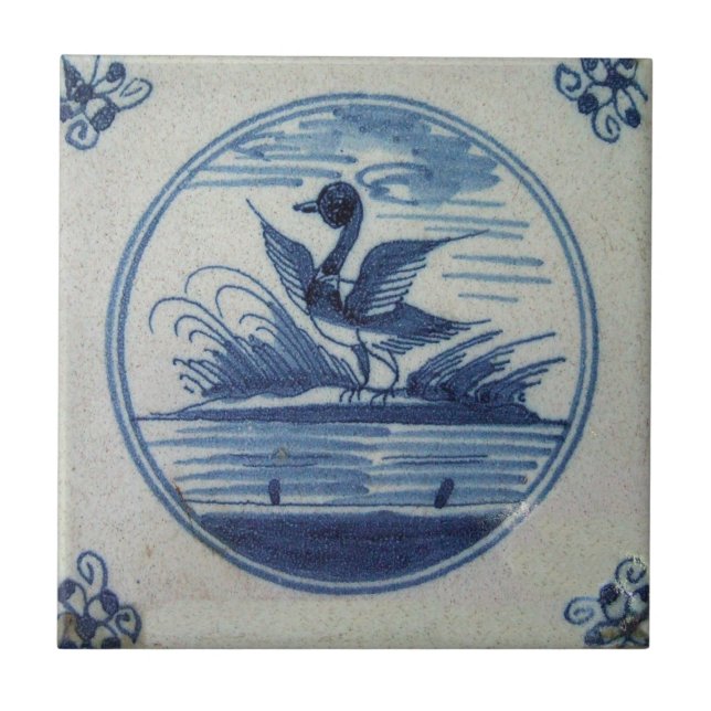 Antique Delft Blue Tile - Anka i Vatten Kakelplatta (Framsidan)