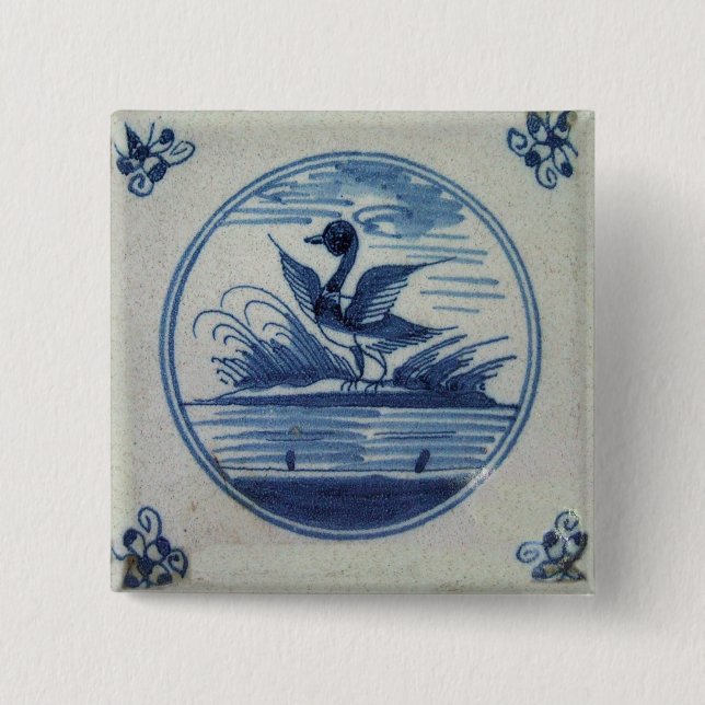 Antique Delft Blue Tile - Anka i Vatten Knapp (Framsida)