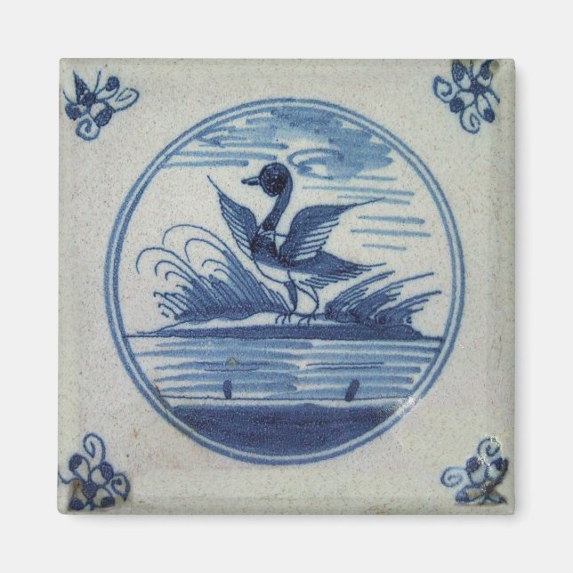 Antique Delft Blue Tile - Anka i Vatten Pinbac Magnet (Framsidan)