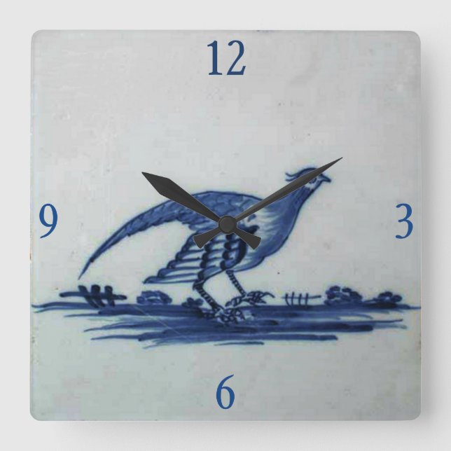 Antique Delft Blue Tile - Grouse in Grass Fyrkantig Klocka (Framsida)