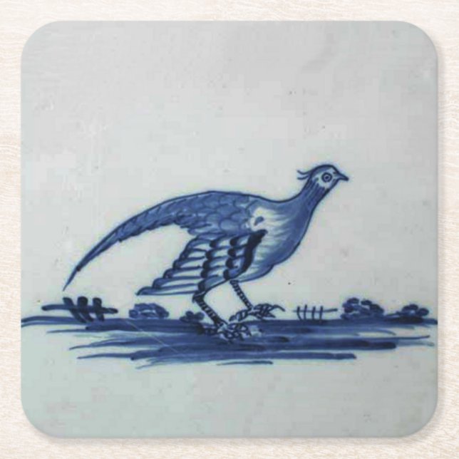 Antique Delft Blue Tile - Grouse in Grass Underlägg Papper Kvadrat (Framsidan)